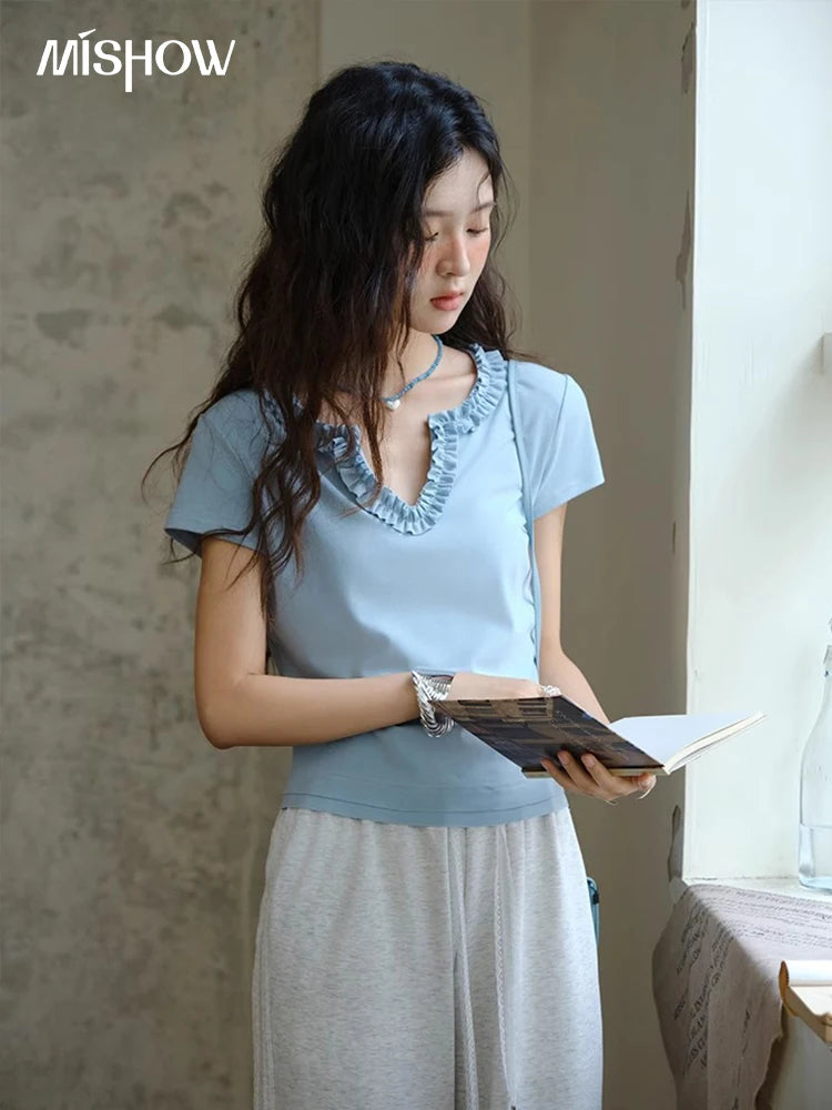 Mishow Lace V-Neck Short Sleeve Tee MXE35T0562