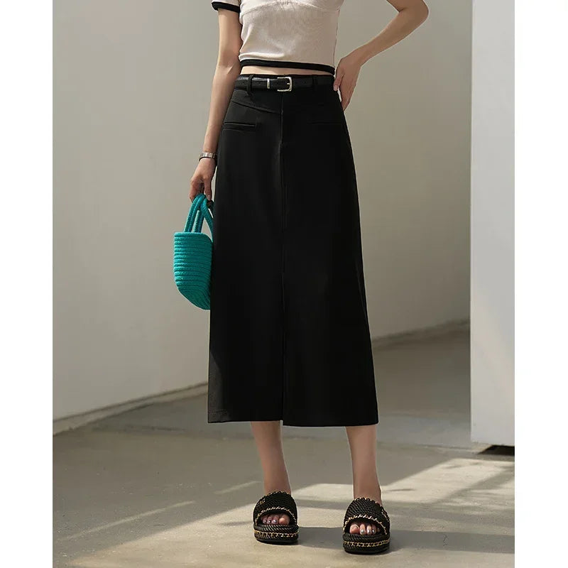MISHOW Women's Suit Straight Midi Skirt 2025 Summer High Waist Slim Solid Front Fork Female Rear Elastic Waist Skirts MXC15B0026