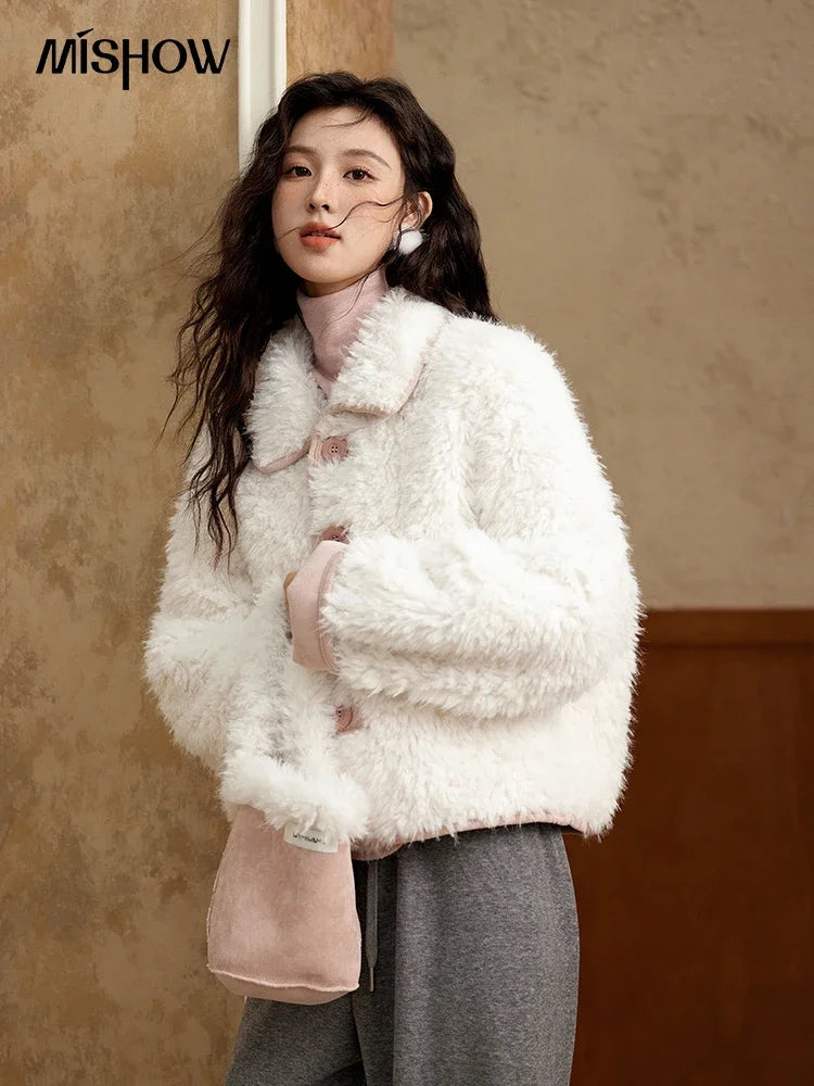MISHOW Lamb Wool Jacket Women Suede Plush Thick Coat Spliced Turn-Down Collar Sweet Soft Senior Jacket Office Lady MXD59W0753