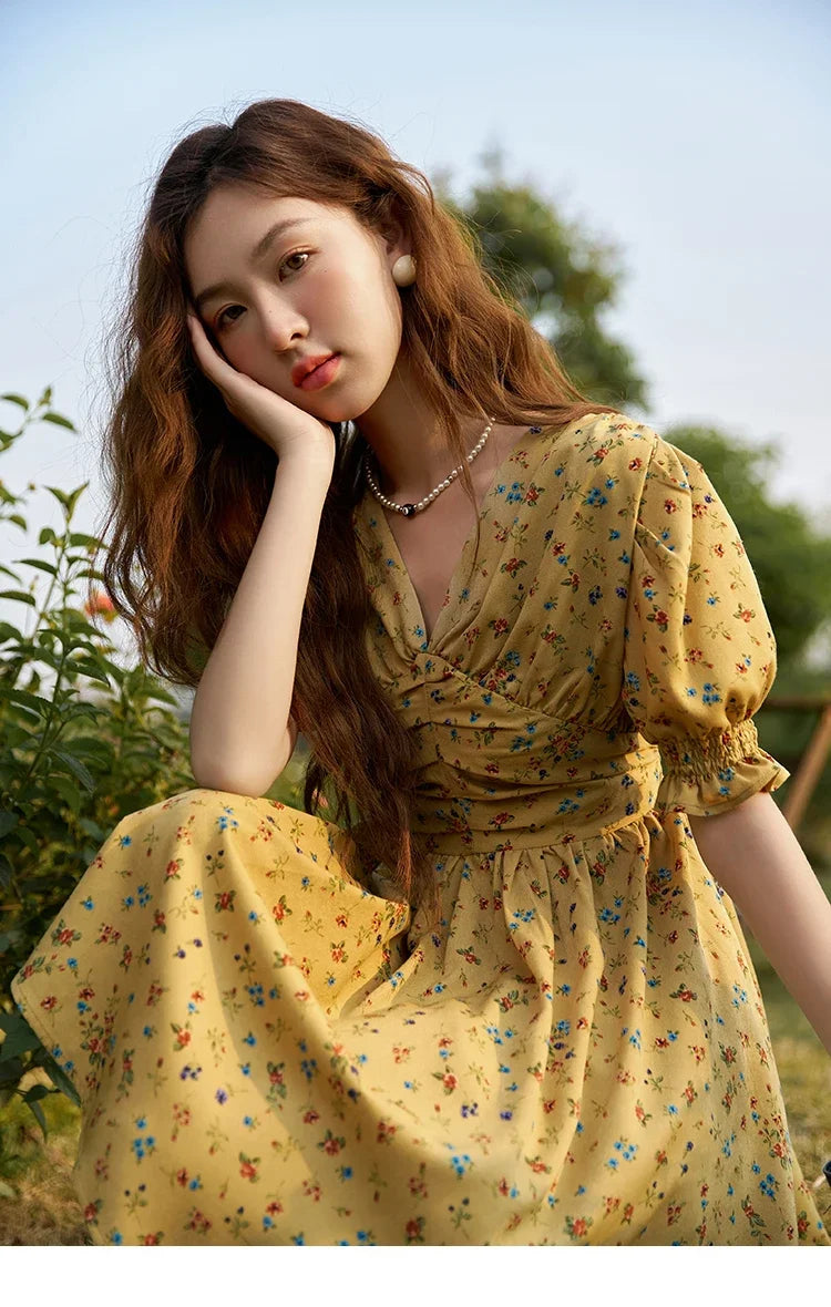 MISHOW Women's Retro Puff Sleeve Flower Dress 2025 Summer Waist Slim A-LINE V-Neck Shirring Female Ankle-Length Dress MXC33L1374