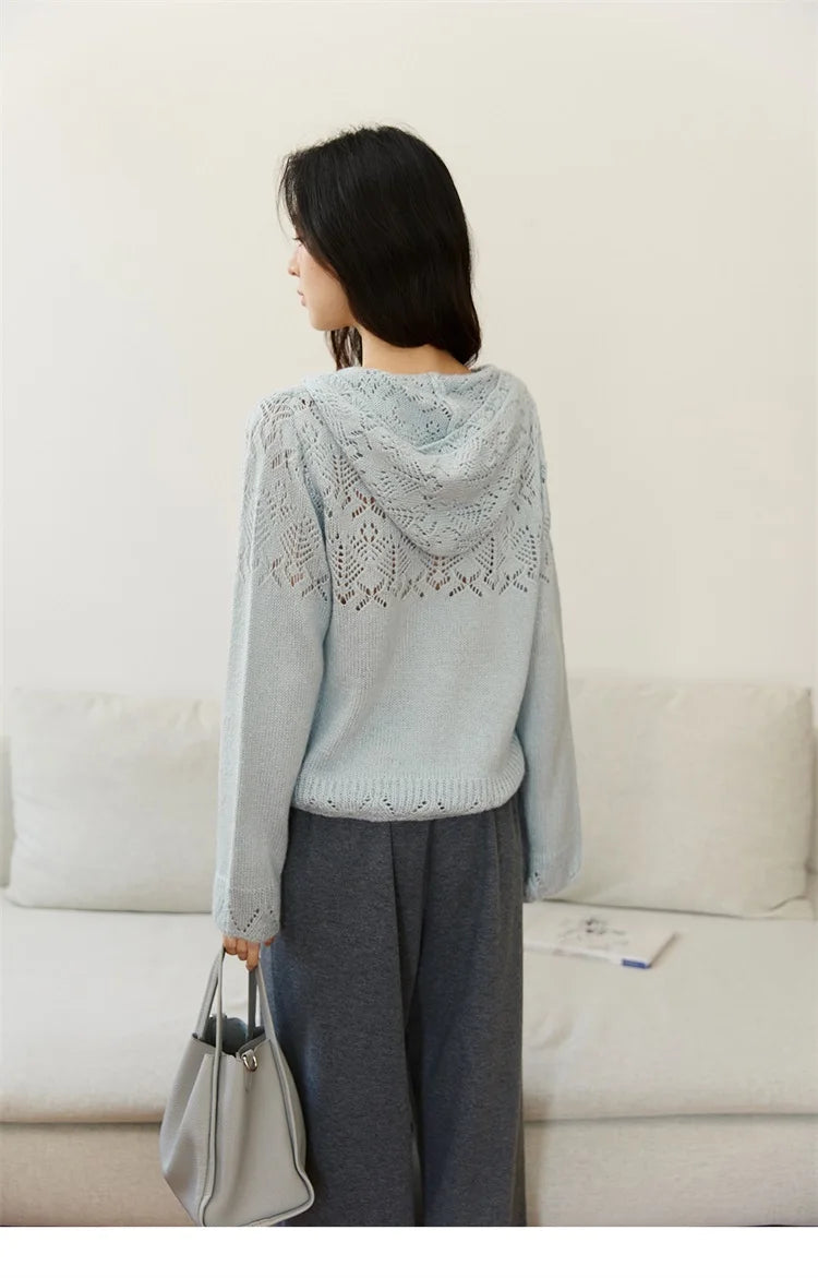 MISHOW Yellow Hollow Out Cardigan Women 2025 Autumn Winter New Hooded Zipper Sweater Loose Casual Bottoming Tops MXE46Z2584