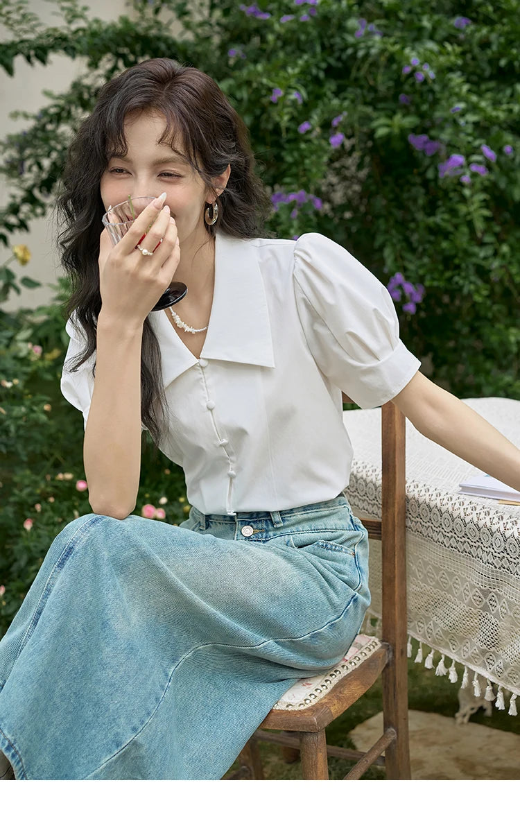 MISHOW Bubble Sleeve V-neck Commuting Shirts for Women 2025 Summer Retro Lapel Neck Short Sleeve Loose Solid Tops MXD28X1471