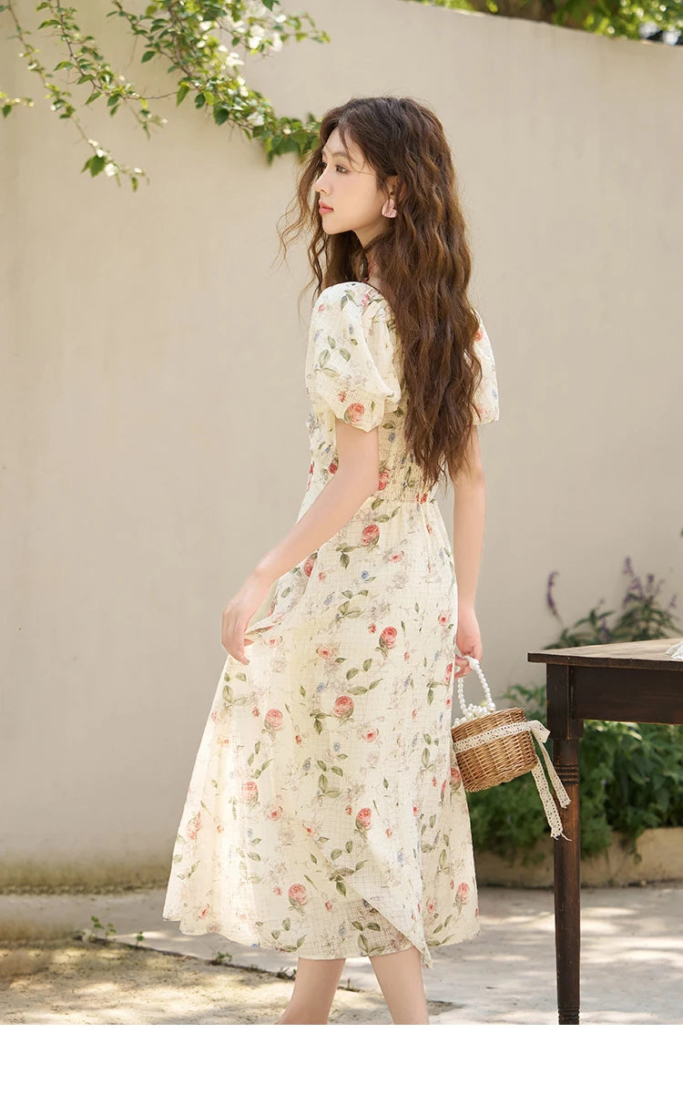 MISHOW Elegant Fairycore Floral Dresses for Women 2023 Summer French A-line Ruffles V-neck Puff Sleeve Sweet Dress MXC33L1465