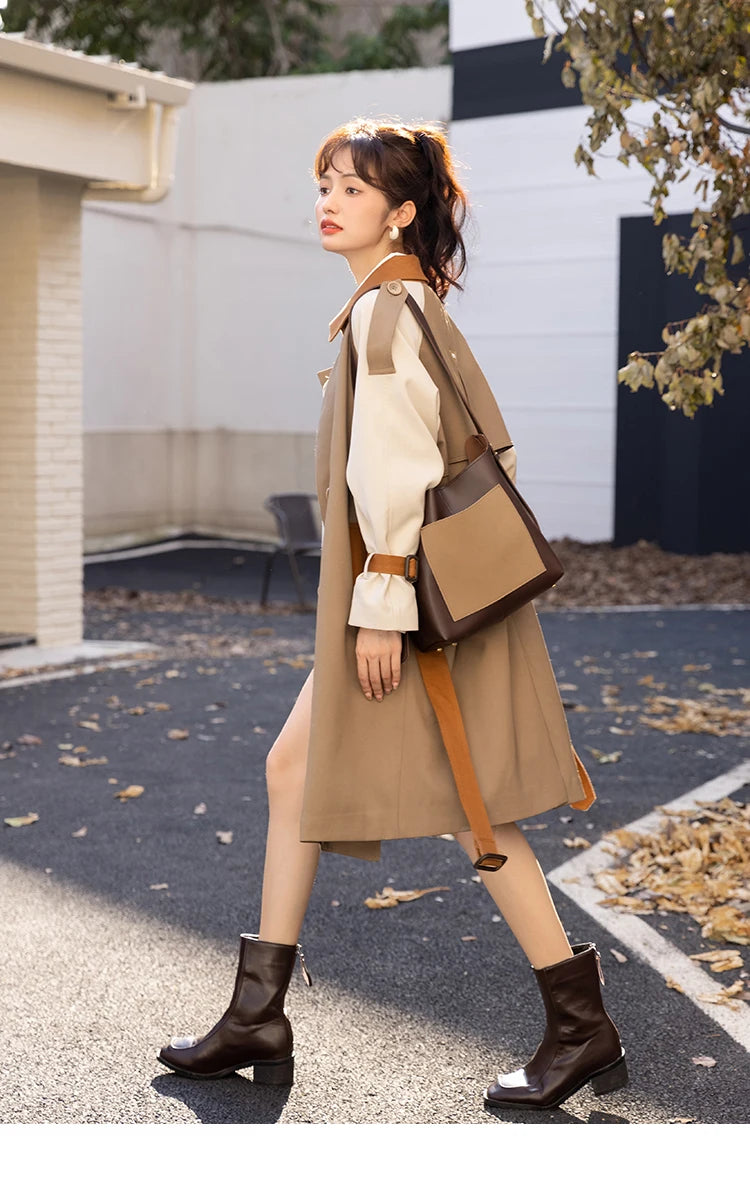 MISHOW Autumn Women's Khaki Trench Contrast Color Woman Clothes Spliced Turn-down Collar All-match Casual Jacket MXB31W0367