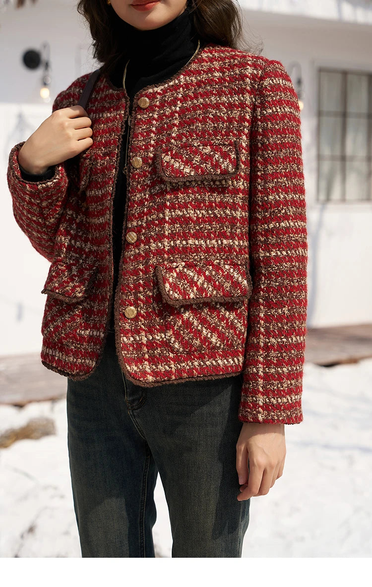 MISHOW Tweed Jacket for Women Luxury 2025 Winter Wool Blend Thick Coat High Quality Fashion Crew Neck Outerwear Top MXC57Y0021