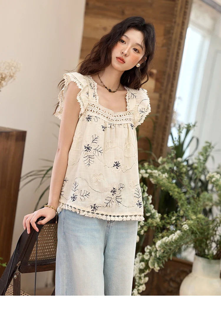 MISHOW Square Collar Embroidered Doll Blouses for Women Summer 2025 Flying Sleeve Patchwork Lace Tassels Retro Tops MXE35X1839