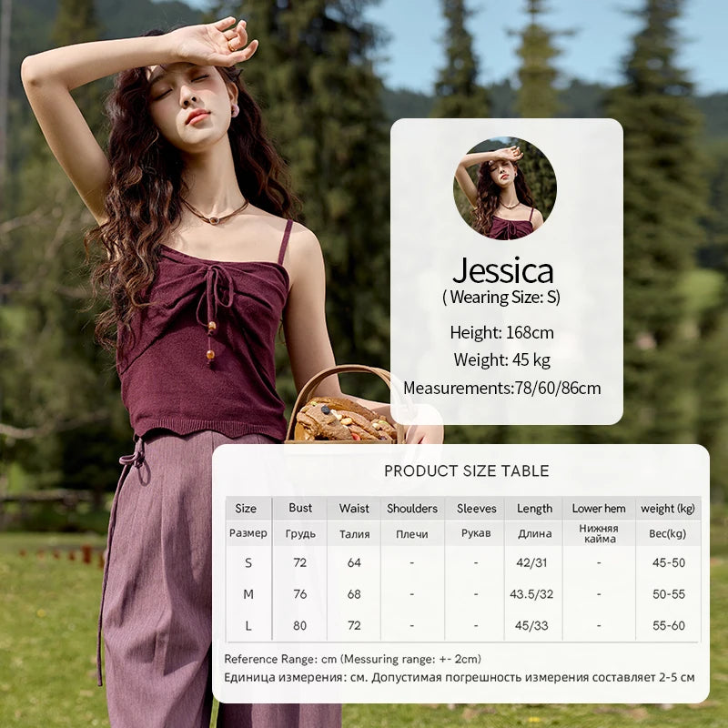 MISHOW Core Spun Purple Suspender Bow Tied Beading Top Solid Sleeveless Wavy Hem Tanks Adjustable Shoulder Strap Tops MXD42D0041