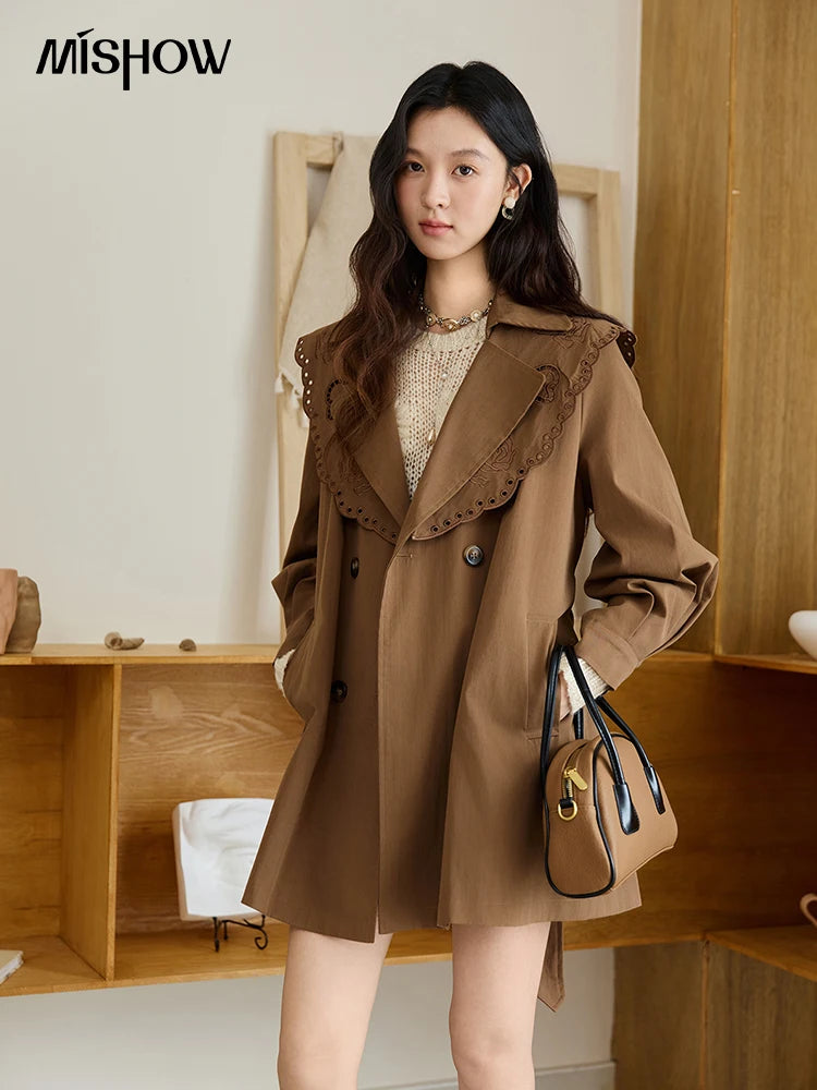 MISHOW Women's Trench Coat 2025 Autumn Hollow Embroidery Mid-length Windbreaker Double-breasted Belt Retro Jacket MXE46W0862