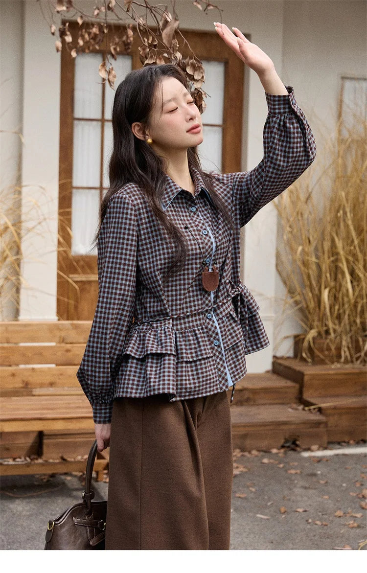 MISHOW Retro Blue Plaid Shirt for Women 2025 Autumn Winter Lapel Lantern Sleeves Ruffled Hem Top Slim Casual Shirt MXE89C2420