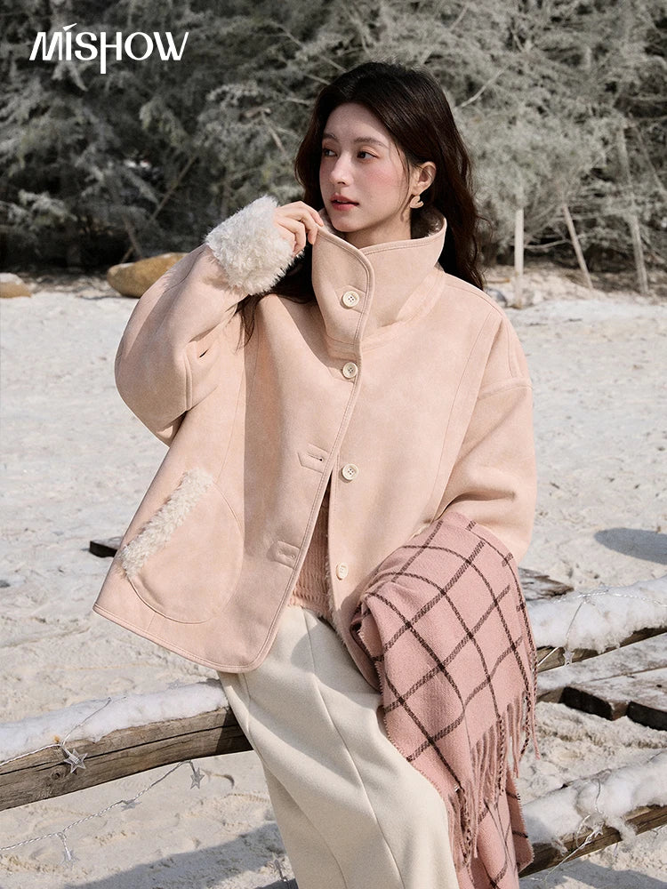MISHOW Women's Double Sided Wearing Jacket 2025 Winter Lamb Wool Lapel Coat Warm Windproof Commuter Coat with Pockets MXE91W1015