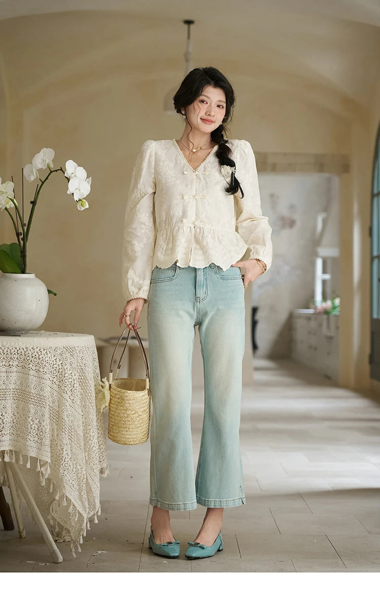 MISHOW Chinese Lace Blouses French Sweet Three-dimensional Embroidery Spring 2024 Button Up V-neck Long Sleeved Top MXD14X1433