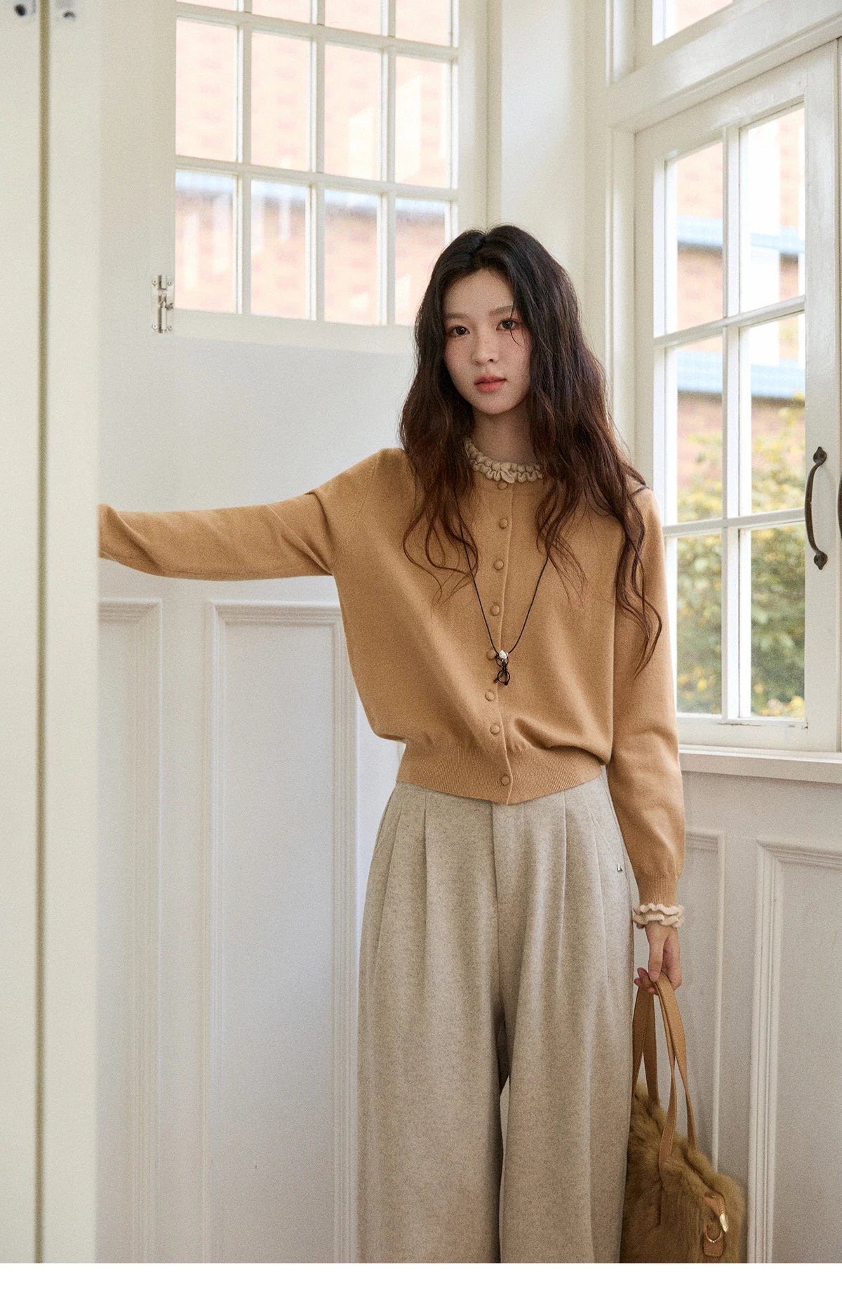 MISHOW Women Knit Cardigan Long Sleeve 2025 Winter Retro Ruffle O-neck Knitted Sweater Loose Casual Commute Khaki Top MXE91Z2749