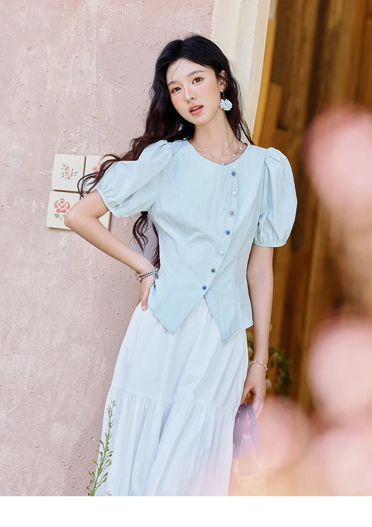 MISHOW Bubble Sleeves Blouses for Women Summer 2025 Irregular Placket Tops Rainbow Button Solid Blouse Office Lady MXE34X1782