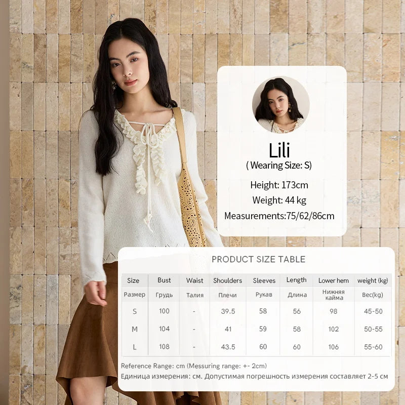 MISHOW Women Long Sleeve Tees 2025 Autumn New V-neck Wood Ear Hollow Out Knitted Sweater Women's Beige Wool Top MXE51Z2595