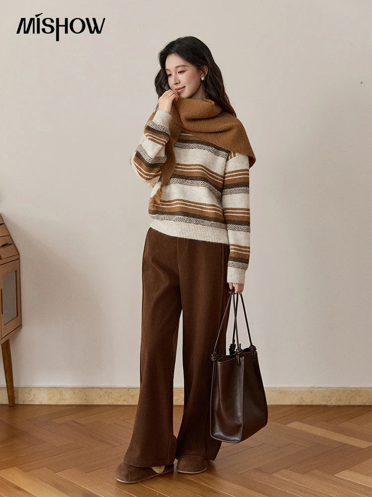 MISHOW Women's Wool Blend Retro Striped Sweater with Scarf Set 2025 Winter Knitted Round Neck Warm Loose Sweaters MXE94Z2987