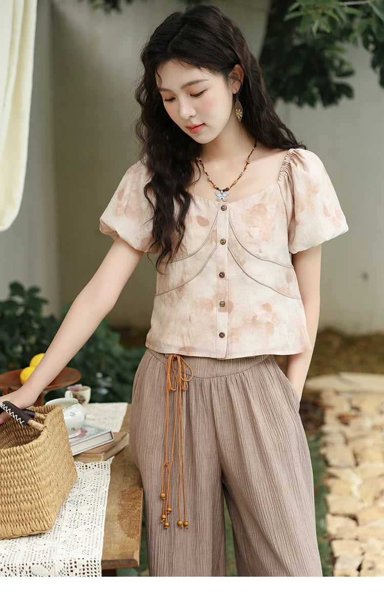 MISHOW Women's Contrast Halo Printing Blouses 2024 Summer French Retro Square Tops Female Puff Sleeve Button Blouse MXD30X1562