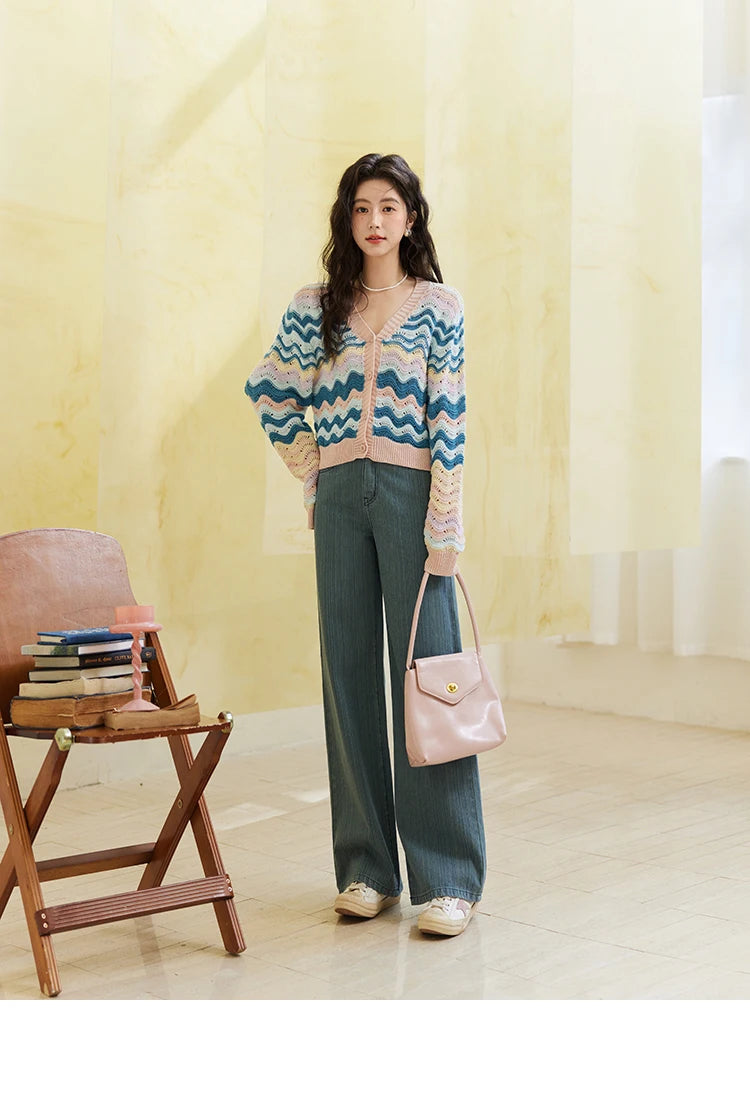 MISHOW Color Stripe Knitted Cardigan Women 2025 Spring V-neck Long Sleeve Loose Cardigans Woman Fashion Office Lady MXE16Z1203