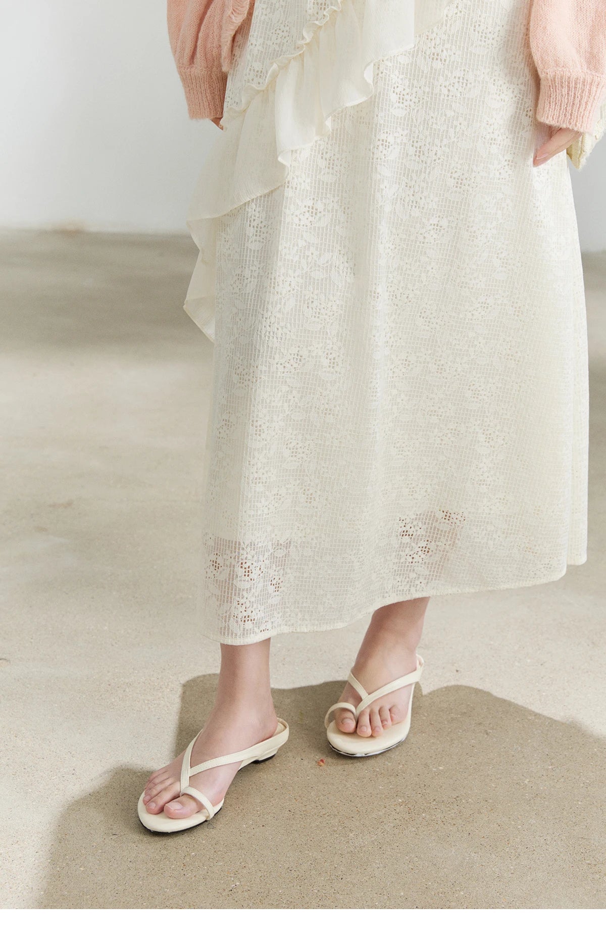 MISHOW Women's Cream Irregular Lace Slip Dress 2026 Spring V-Neck Ruffled Maxi Dresses Casual A-line Romantic Dress MXF108L1005