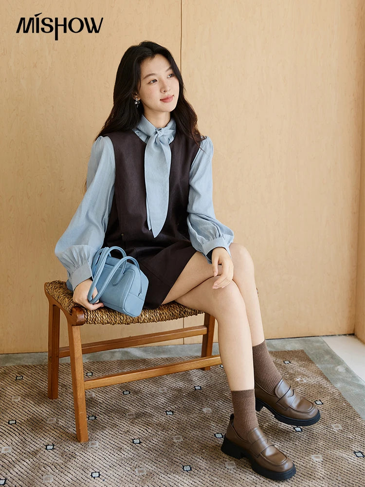 MISHOW Woman Two-piece Set 2025 Autumn College Style Light Blue Shirt Dark Brown Vest Skirt Suit Woman Clothes MXE47T1408