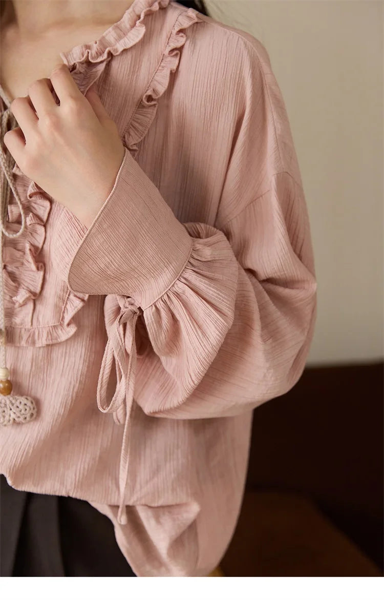 MISHOW Women's Pink Blouse 2025 Autumn Elegant Fold Edge V-collar Bubble Sleeve Top Loose Casual Commute Blouses MXE45X2485