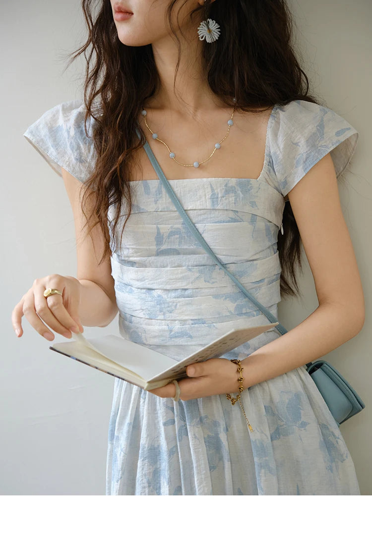 MISHOW Women's Fashion Print Dress 2025 Summer Square Neck Flying Sleeve Vacation High Waist Dresses Women's Clothing MXE35L2274