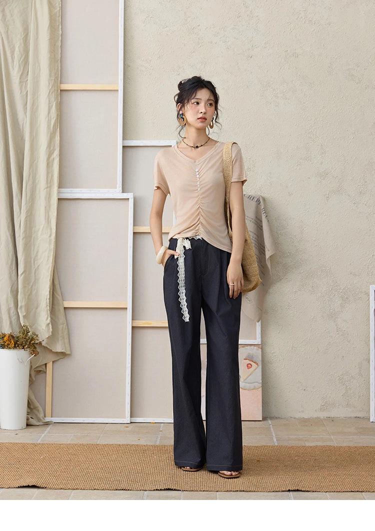 MISHOW V-neck Short Sleeve T-shirt Summer 2025 Mid Front Elastic Fold Single Row Shell Button Tees Casual Slim Tops MXE34T0560