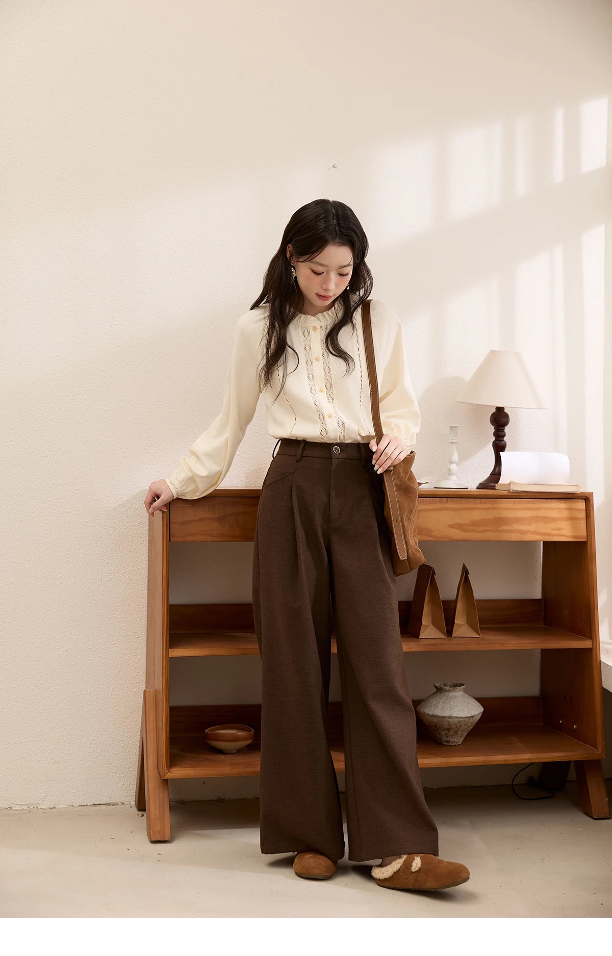 MISHOW Brown Wide-leg Pants for Women 2025 Autumn Winter New Retro High Waist Drape Trousers Commute Casual Pants MXE51K1094