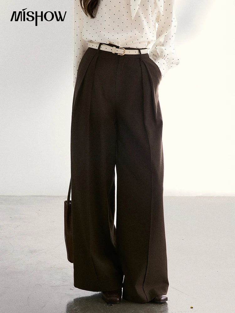 MISHOW Women's Dark Brown Wide Leg Pants 2026 Spring High Waist Pleated Pants Back Elastic Waist Casual Trousers MXF108K1010
