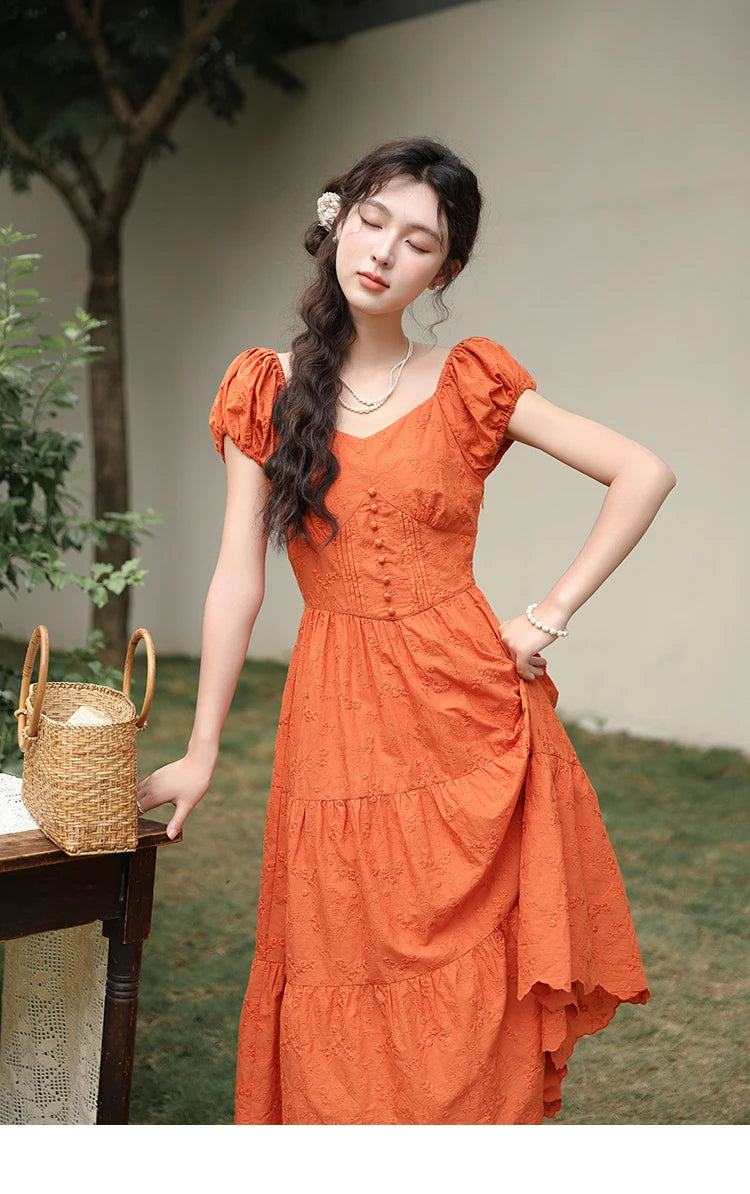 MISHOW 100 Cotton Orange Embroidered French Dress Women 2024 Summer V Neck Mid Length Dress Solid Loose A-line Dress MXD29L1931