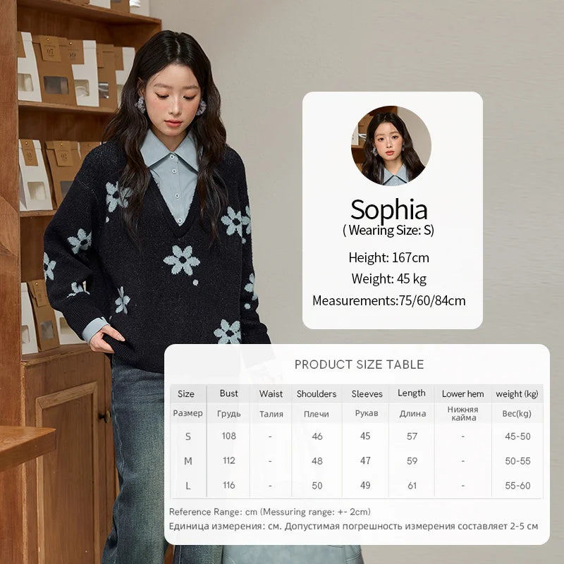 MISHOW Dark Blue Fake Two-piece Pullovers for Women 2025 Autumn Winter New Turn-down Collar Flower Pattern Sweater MXE51Z2554