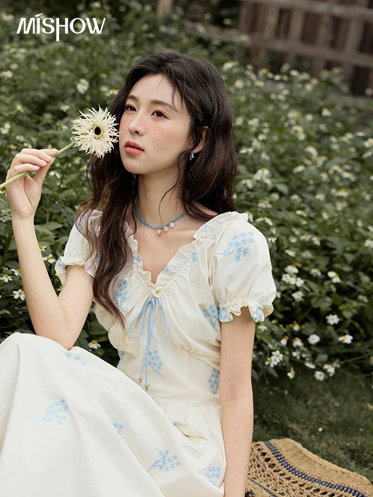 MISHOW French Print Summer Dresses for Women 2025 New Short Puff Sleeve V-neck Slimming Dress Female Fashion Cotton MXE32L2210