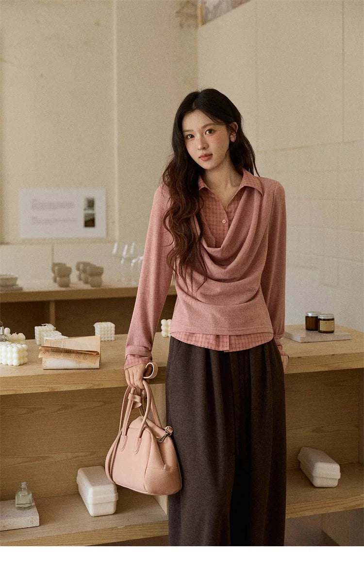 MISHOW Women Knit Top 2025 Winter Faux Two-piece Pullovers Retro Plaid Patchwork Draped Collar Luxury Design Pink Top MXE87Z2747