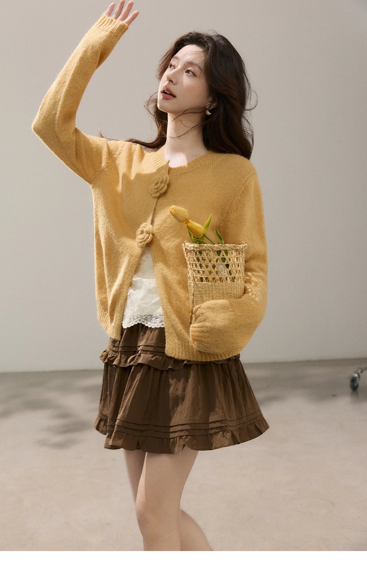 MISHOW Women's Flower Decor Mohair Fork Knit Cardigan 2026 Spring Crew Neck Long Sleeve Tops Casual Solid Sweater MXF15Z3051