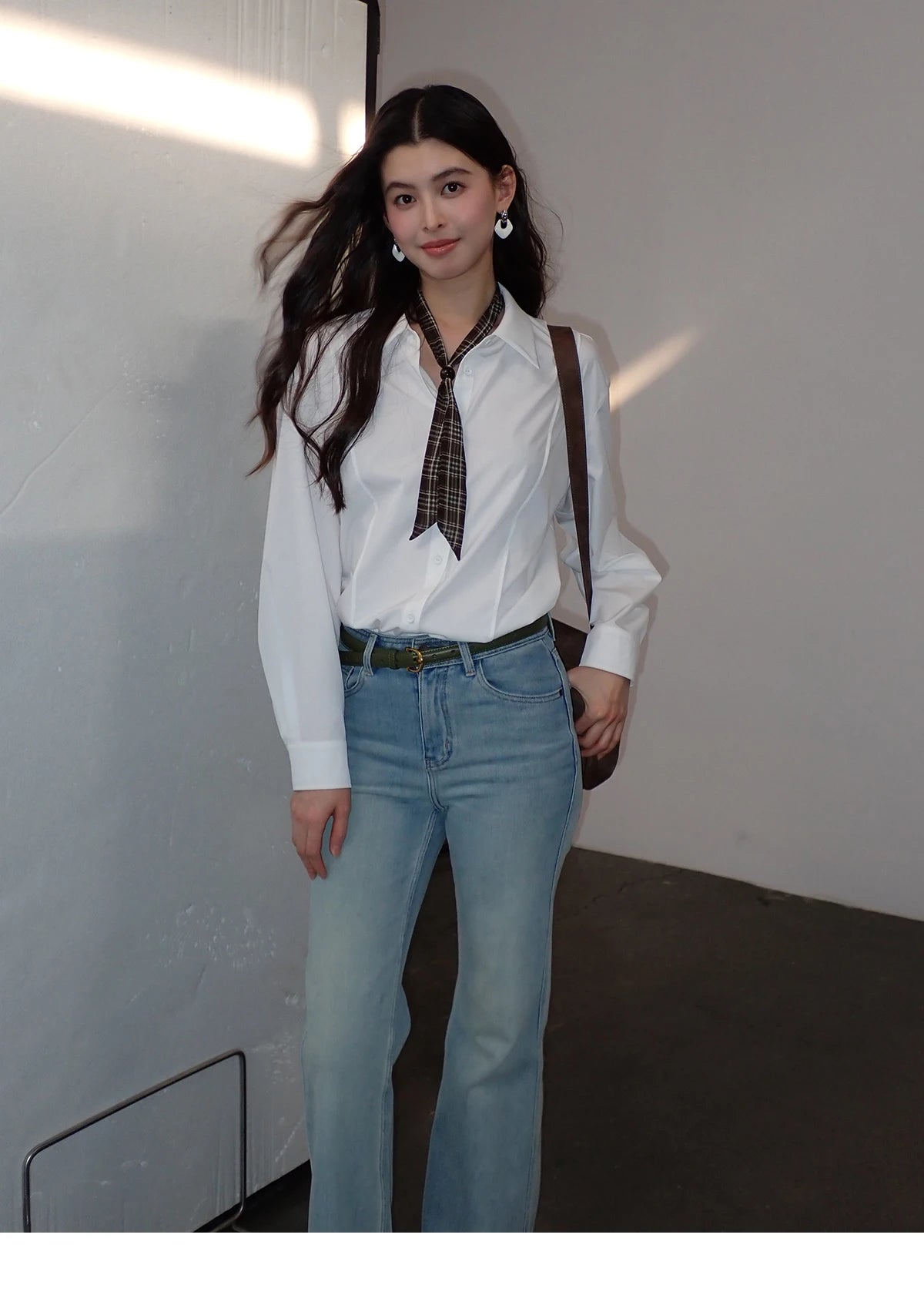 MISHOW Women's Casual Loose Shirt with Plaid Scarf 2026 Spring Lapel Tops Versatile Long Sleeve Shirts Office Lady MXF108C0815