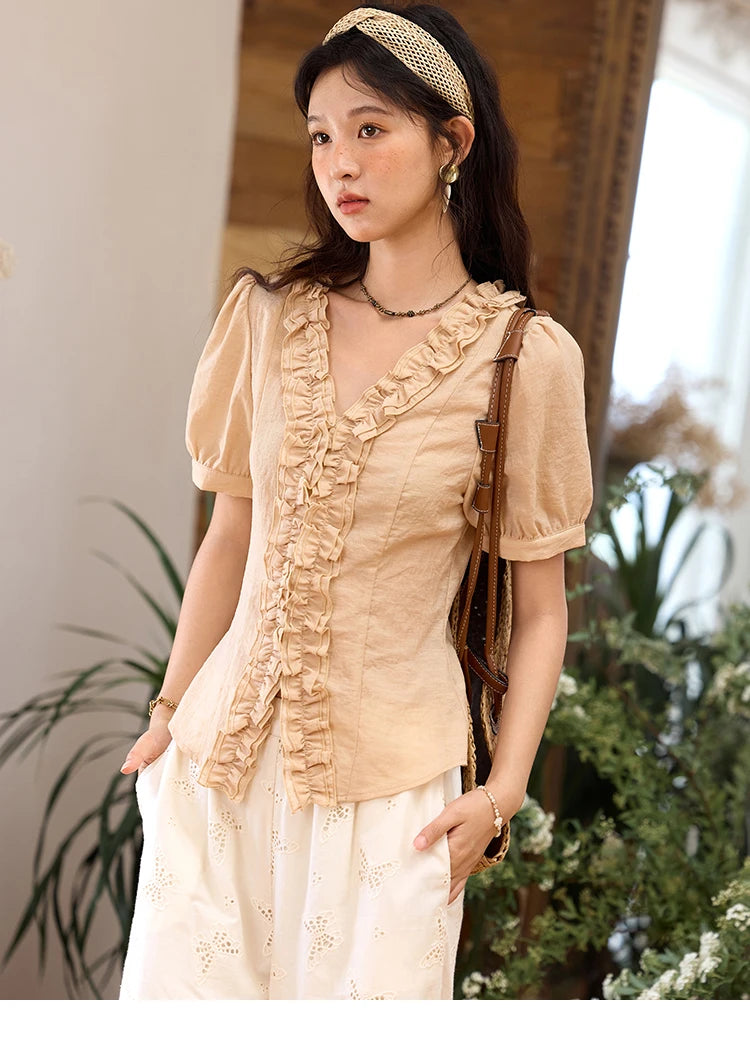 MISHOW V-Neck Blouse Puff Sleeve Fungus Edge Slim MXE35X1841