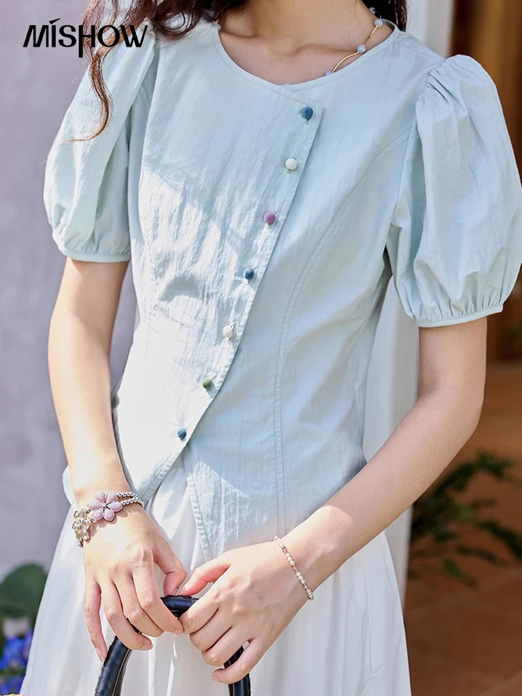 MISHOW Bubble Sleeves Blouses for Women Summer 2025 Irregular Placket Tops Rainbow Button Solid Blouse Office Lady MXE34X1782