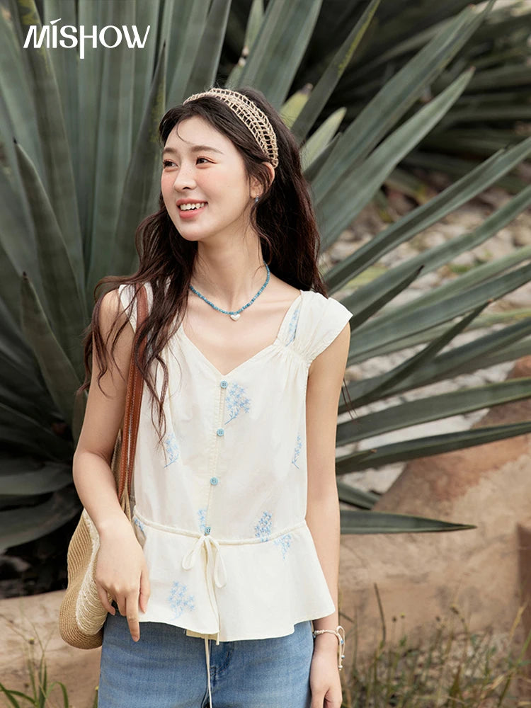 MISHOW Print French Summer Shirts for Women New 2025 Sleeveless V-neck Blue Flower Cotton Blouses Female Fashion Tops MXE32X1777