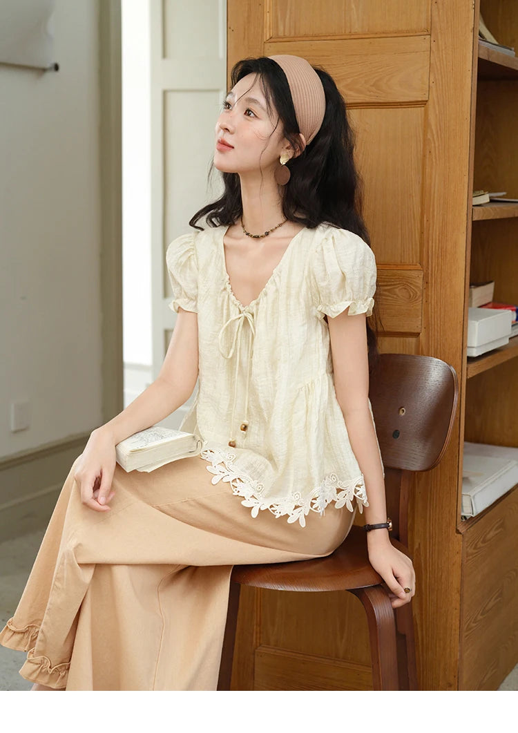 MISHOW Women's French Round Neck Lace Up Blouse 2025 Summer Embroidery Puff Sleeve Flower Spliced Commut Short Top MXE39X1956