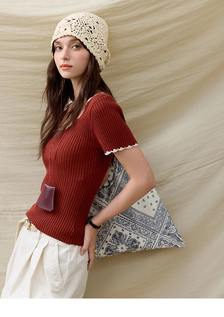 MISHOW Office Lady Summer Sweater Women 2025 New Solid Short Sleeve Lace Collar Contrast Color Hook Design Tops Slim MXE33Z1218