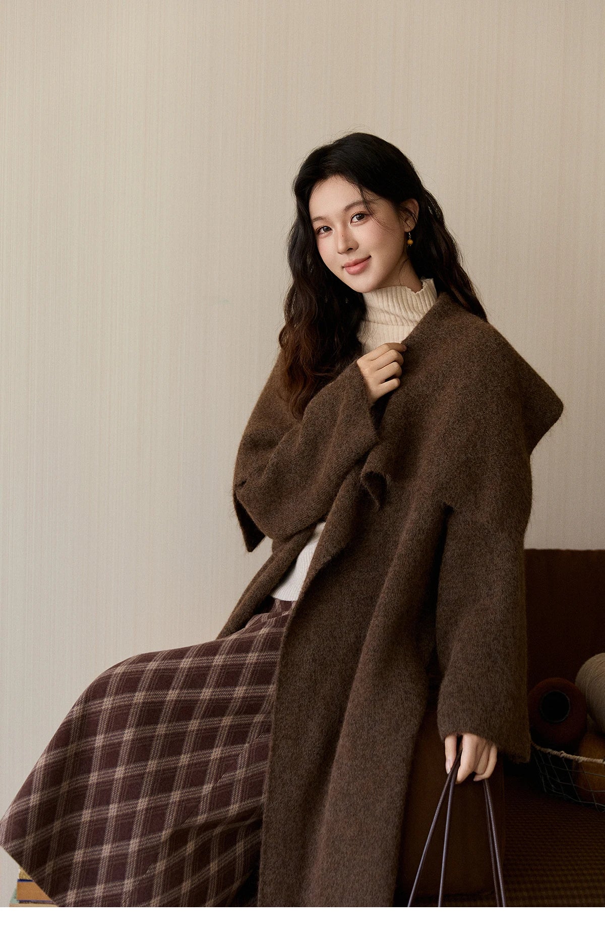 MISHOW Women's Brown Plaid Wool Blend Skirt 2025 Winter High Waist Slim A-Line Back Hem Split Back Elastic Midi Skirt MXE94B2461