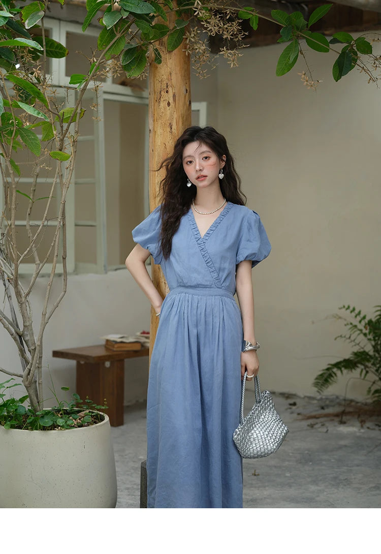 MISHOW Summer Fashion V-neck Dress Woman 2025 New Puff Sleeve Sashes Elegant Pocket Vacation Dresses Ladies Clothing MXE39L2381