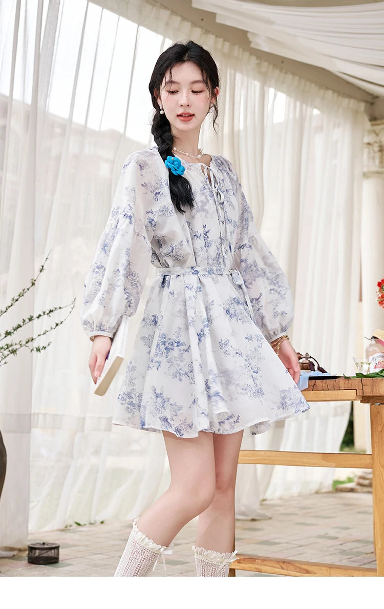 MISHOW Fairy Temperament Floral Puff Sleeved Chiffon Dress Spring Summer 2025 Lace-up O Neck Waist Knee-Length Dress MXD14L1681