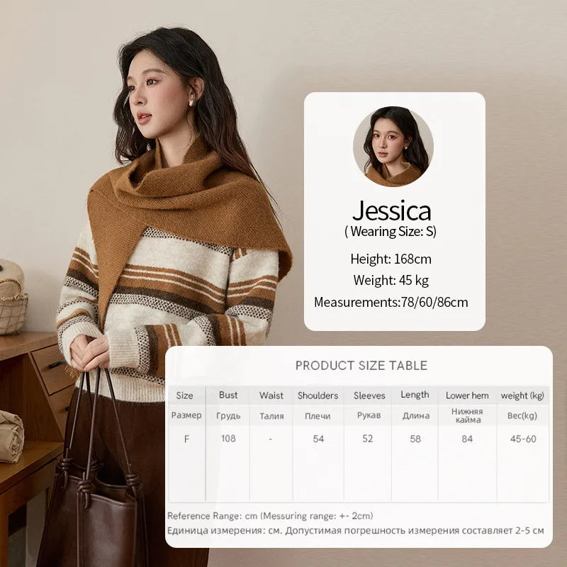 MISHOW Women's Wool Blend Retro Striped Sweater with Scarf Set 2025 Winter Knitted Round Neck Warm Loose Sweaters MXE94Z2987