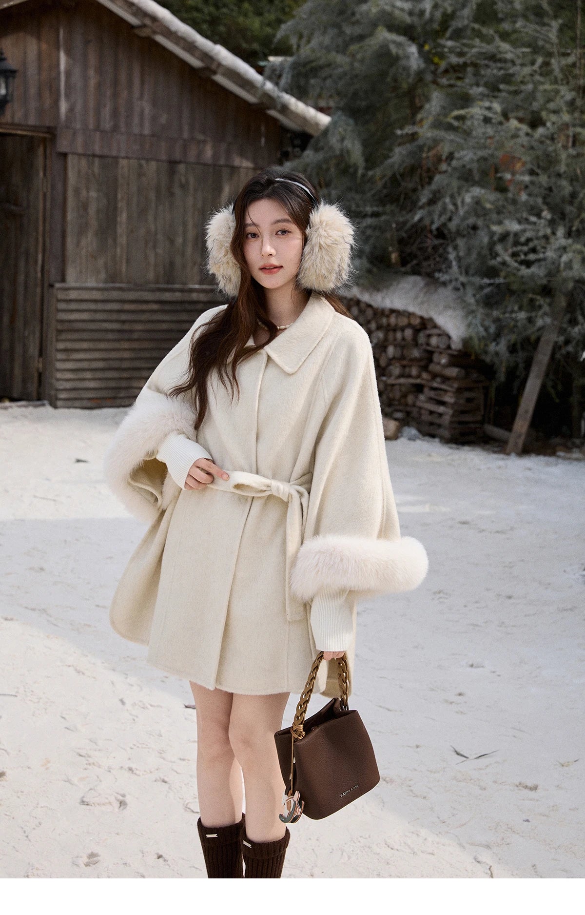 MISHOW 100% Wool Cape Double-sided Woolen Coat 2025 Winter Elegant Detachable Furry Cuffs Warm Lapel Ponchos Coats MXE90W0947