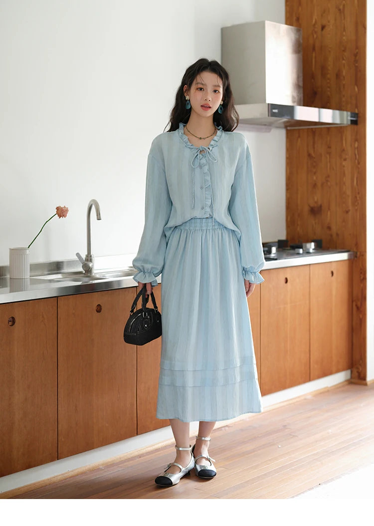 MISHOW Women's Light Blue Striped Linen Suit 2025 Autumn Fungus Edge V-neck Lace-up Shirt Elastic Waist Skirt Two pcs MXE41T0700