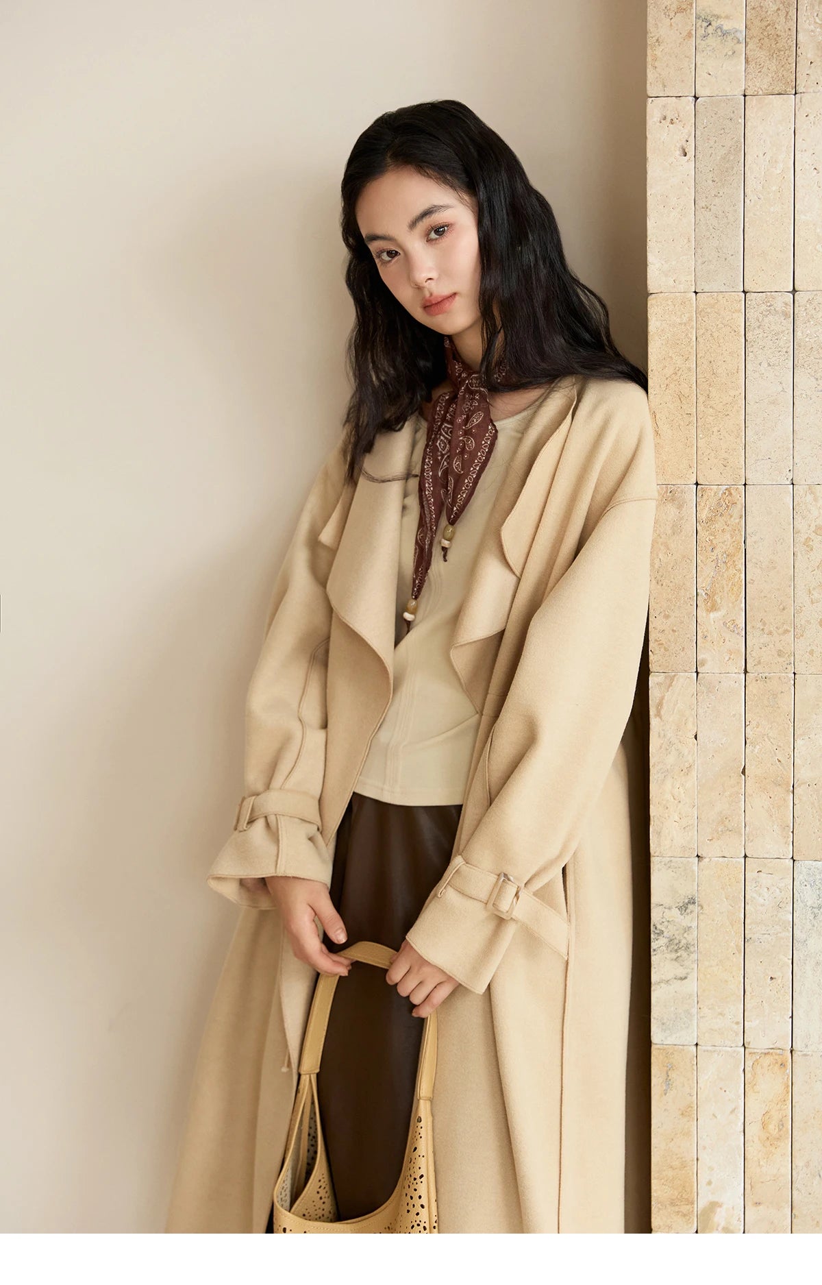 MISHOW Woolen Coat for Women 2025 Autumn Winter New Style Drawstring Waist Large Lapel Mid-length Commuter Loose Coat MXE45W0841