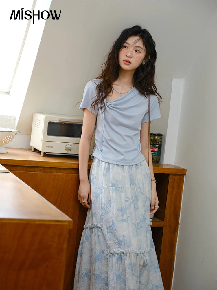 MISHOW Two Piece Set Women's Fashion Lace Up Top 2025 Summer New Casual Print Wide Leg Half Skirt Set Ladies Clothing MXE35T0596