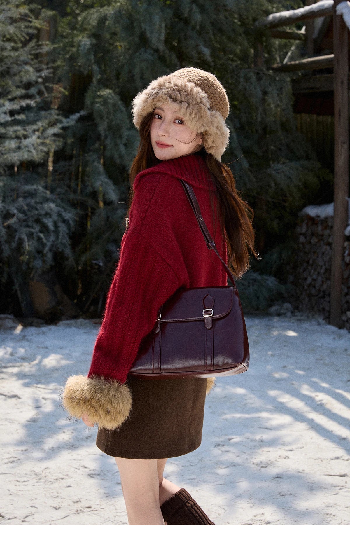 MISHOW Women's Red Knitted Cardigan Autumn Winter Cable Knitted Stand Collar Single-breasted Warm Loose Outerwear MXE92Z2827