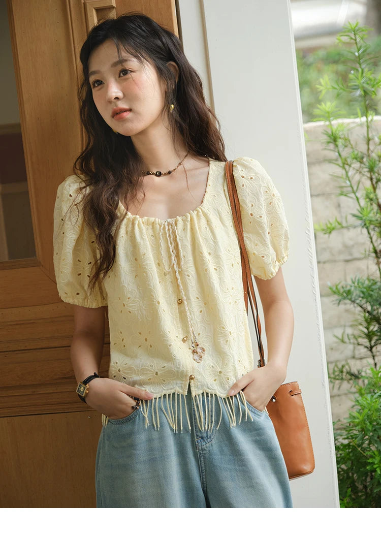 MISHOW Women's Fashion Hollow Out Blouse Summer 2025 Embroidery Puff Sleeve Square Collar Tassel Ladies Casual Top MXE37X1851