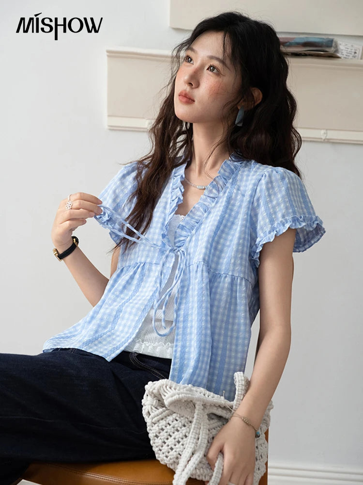MISHOW Women's Plaid Blue Fake Two Piece Blouse 2025 Summer Fashion Puff Sleeve V-neck Lace Up Top Female Clothing MXE37X1901